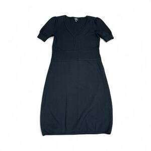 Talbots Small Petite Pure Merino Wool Black Sweater Dress Short Sleeve V-neck